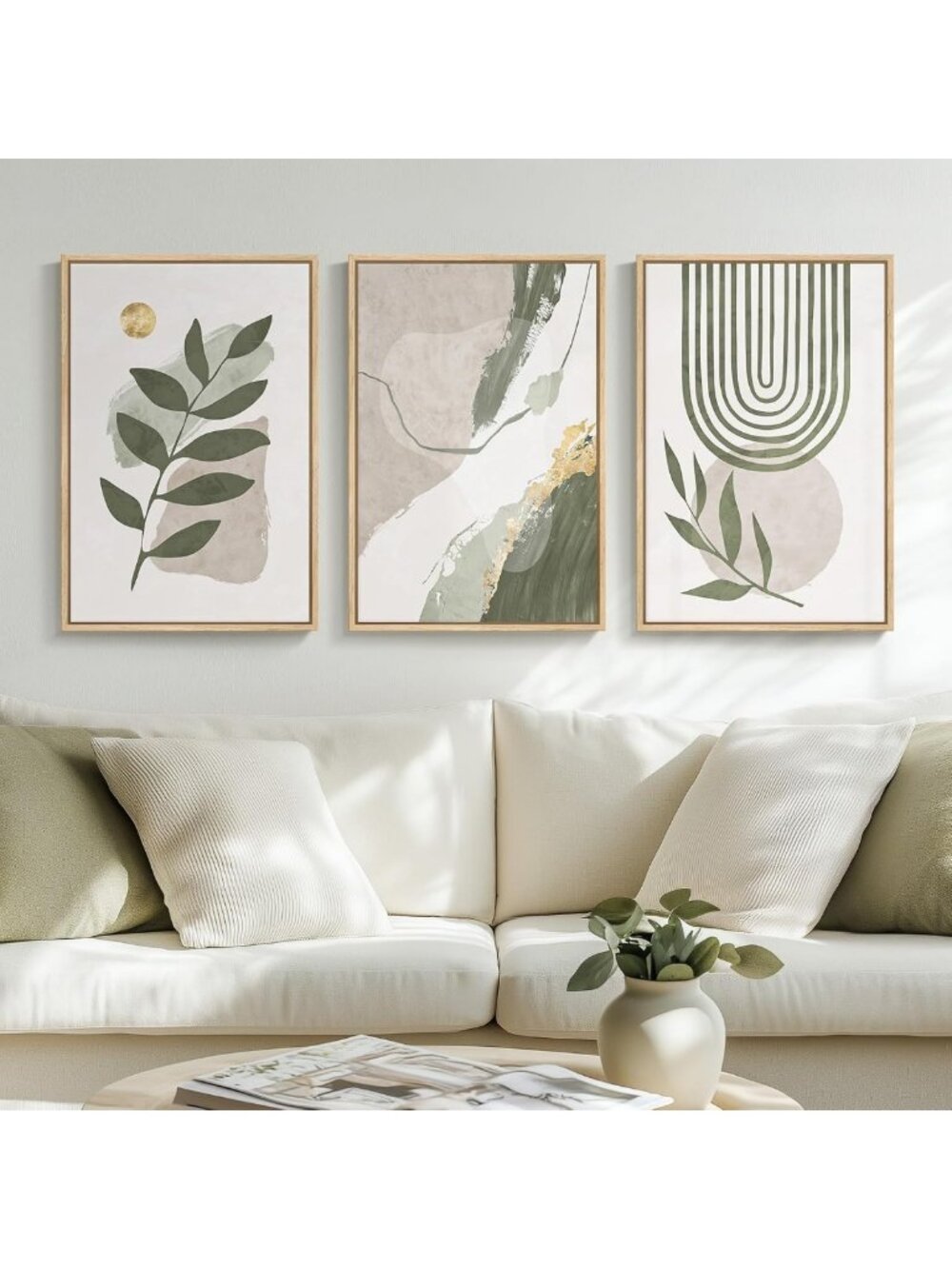 Large Boho Sage Green Abstract Wall Art - Framed Decor for Living Room, 16x24